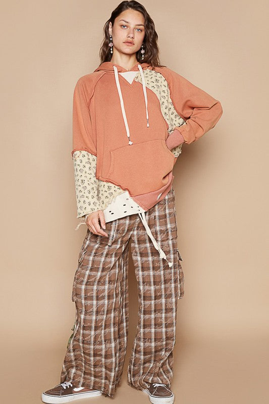 POL Hoodie Floral Ochre Patchwork Hooded Oversized Pocketed Long Sleeve