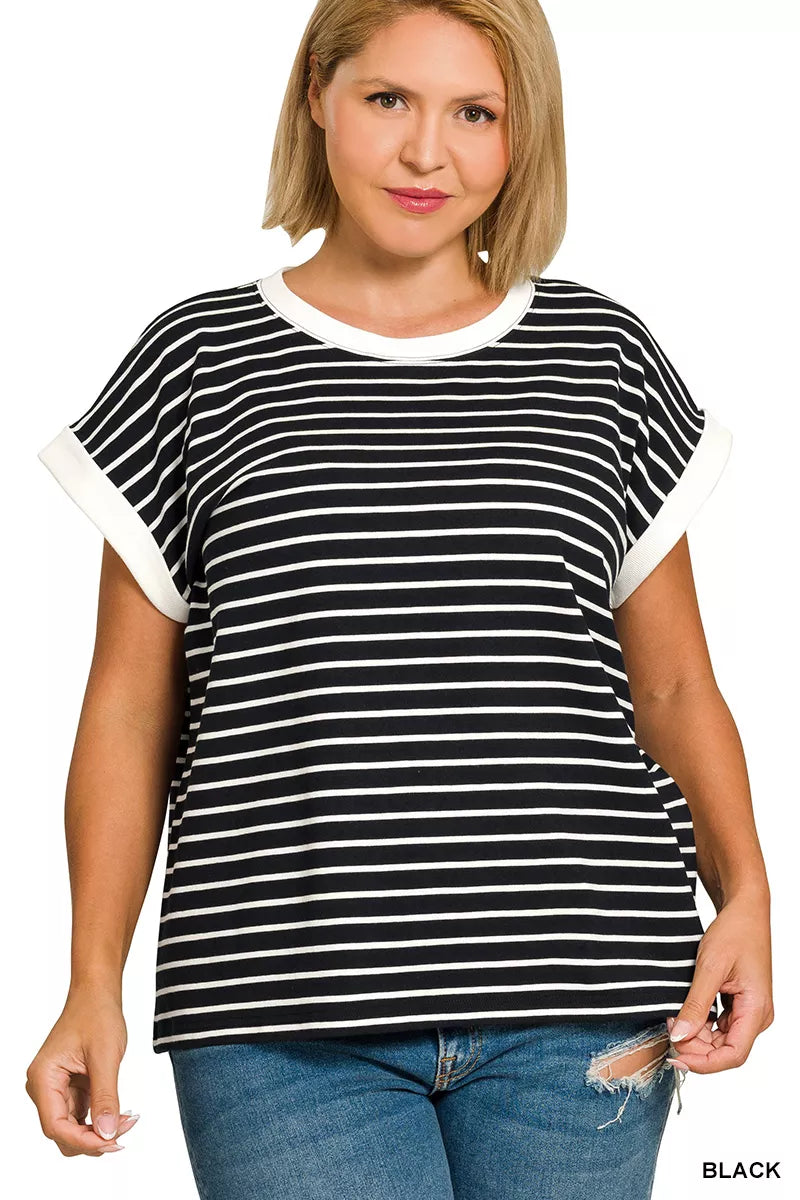 Zenana Women T-shirt Striped Contrast Trim Cap Sleeve Top Tee Plus Sizes 75e164af-12bc-4898-b47c-0b22182202e3-Max-Origin Trendsi