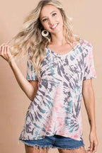 BiBi Women T-shirt Tie Dye Print Terry Deep U Neck Top Short Sleeve Top 75f6e0093480452c810adc9f19c37639-Max-Origin Trendsi