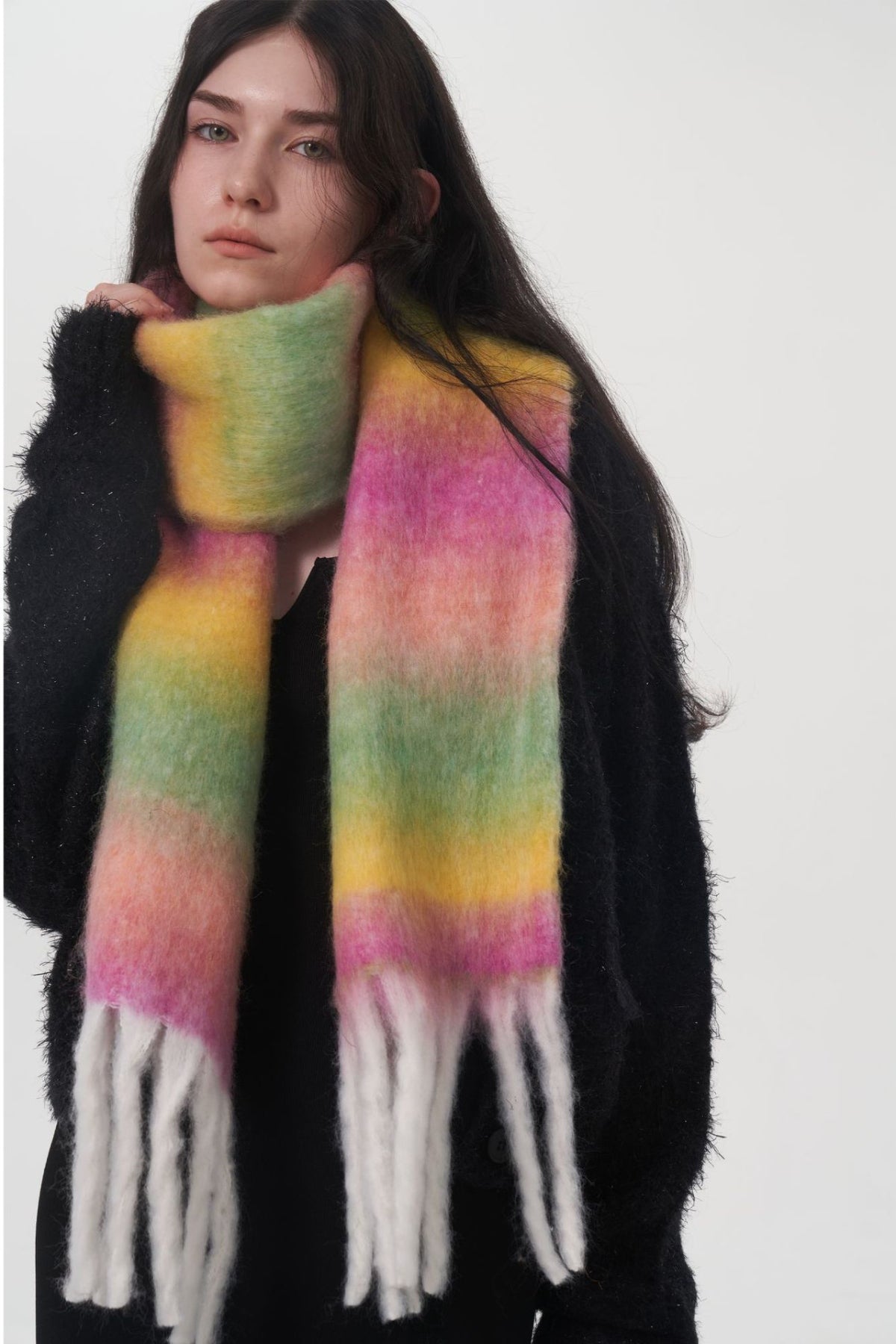 Women Scarf Woolen Blend Fringe Gradient Color Thermal Long Scarfs