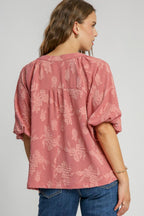 Umgee Blouse Notched Button Detail Half Sleeve Dusty Pink Top 75fd967c-e4b0-4fc0-bbba-9545b71ff108-Max Trendsi