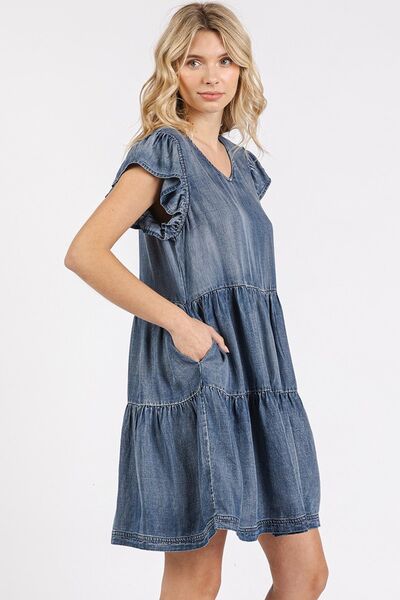 Mittoshop Denim Mini Dress V-Neck Ruffled Cap Short Sleeve 760267a7-f03e-4ae8-aff5-a6037eb03973-Min Trendsi