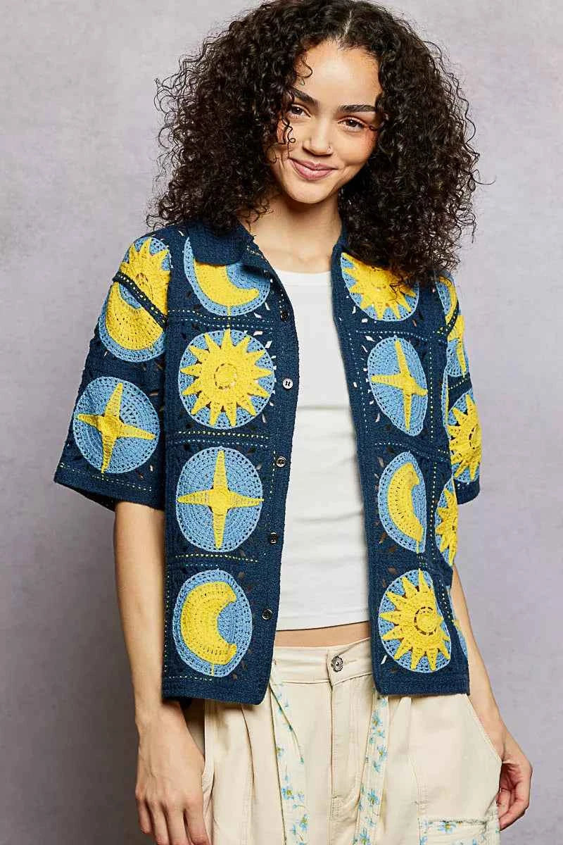 POL Crochet Shirt Navy Multi Openwork Short Sleeve Top 76032475-1db4-4337-9455-3e01f6c92e3b-Max-Origin Trendsi