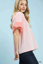 Umgee Blouse Pink Striped Mixed Puff Short Sleeve Top 7609f5f3-5273-410f-a877-52a2c47794f6-Max-Origin Trendsi
