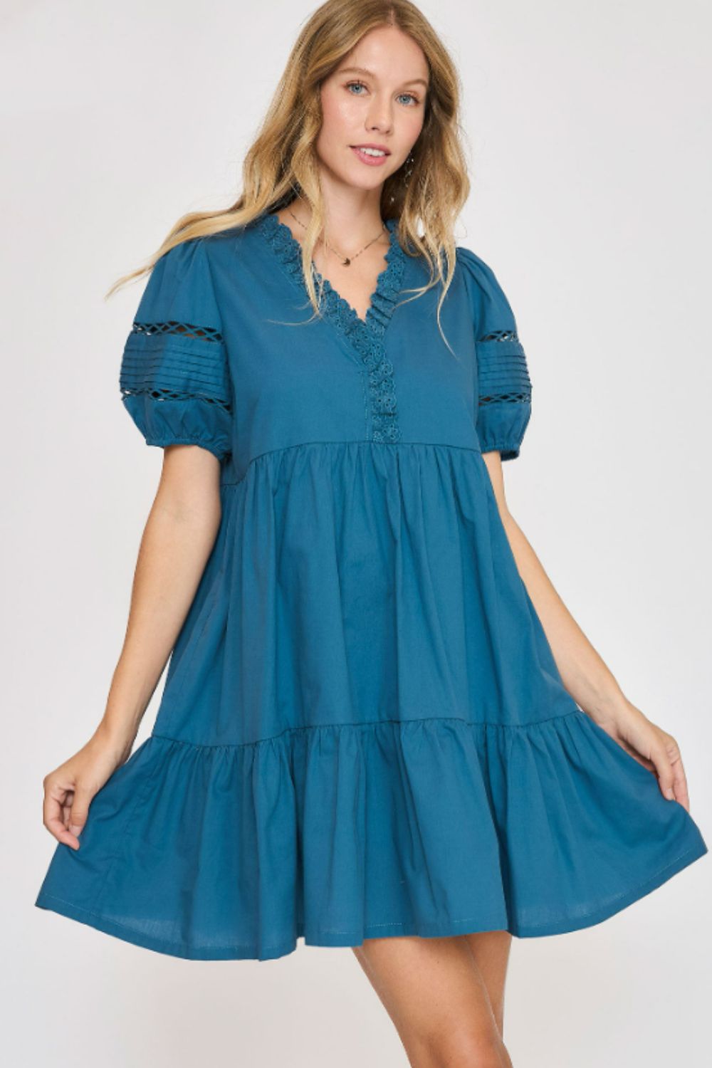 Umgee USA Mini Dress Lace Detail Puff Short Sleeve Sleeve Ruffle S-2XL Cerulean 7614345f-e866-42c4-9474-1a8c50dd0bf6-Max Trendsi