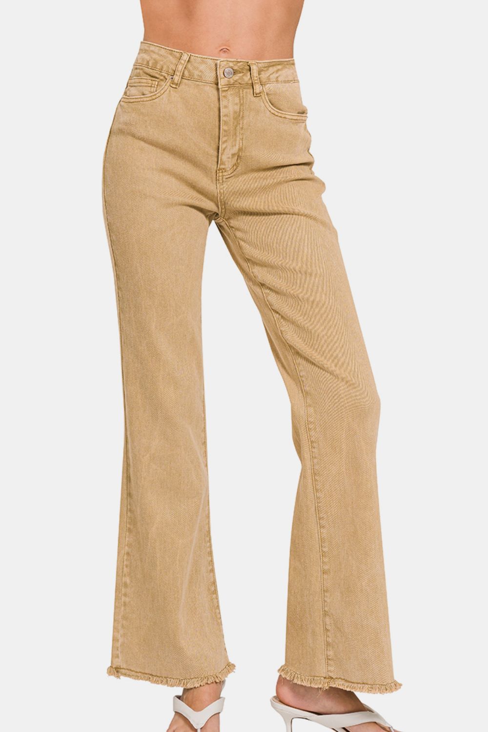 Zenana Bootcut Jeans Women Light Camel Acid Washed Frayed Hem Pants