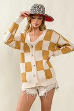 BiBi Cardigan Knit Ivory Camel Checked V-neck Long Sleeve Sweater 7617d9b401b04fffbecbacc958ea3581-Max-Origin Trendsi