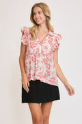 Umgee Babydoll Blouse Botanical Floral Print Top Ruffle Short Sleeve Dusty Pink 761af958-91e8-4809-b527-90ac74df99d9-Max Trendsi
