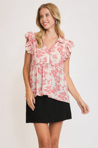 Umgee Babydoll Blouse Botanical Floral Print Top Ruffle Short Sleeve Dusty Pink 761af958-91e8-4809-b527-90ac74df99d9-Max Trendsi