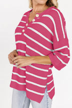 Stripe Knit Top Women's Collared Button Drop Shoulder Side Slit Long Sleeve 7622fd60-0479-46b8-89ad-b45e5db12335-Max Trendsi
