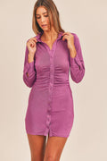MABLE Mini Shirt Purple Dress Front Ruched Button-Down Skinny Long Sleeve Purple 76252dd6-6ed7-448b-8015-4d1b4bc75b56-Max Trendsi