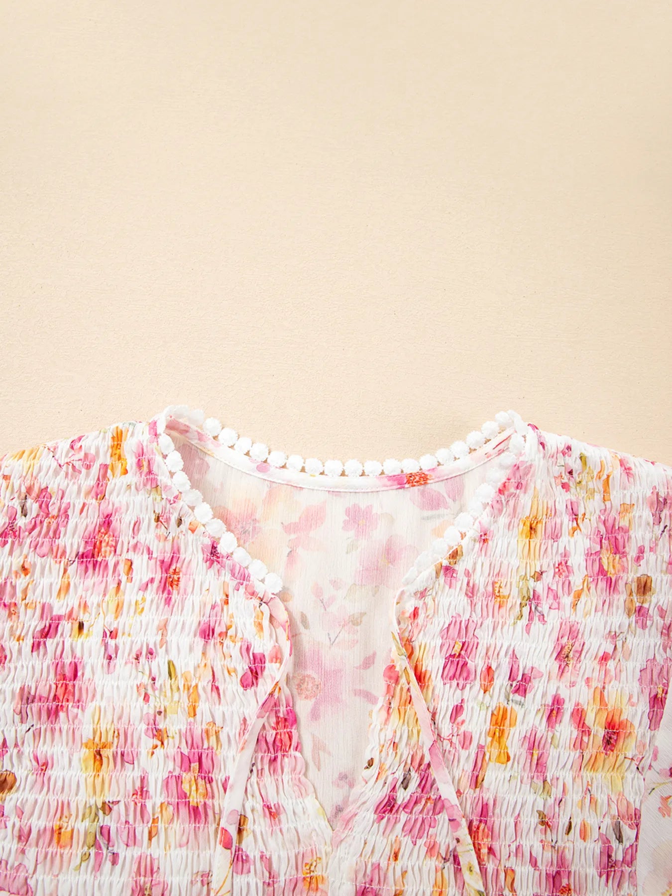 Women's Blouse Pink Floral Print Tassel Tie Smocked Puff Sleeve Smocked Top 762abc3fc7f546028f29858b8ab3e8f1-Max-Origin Trendsi