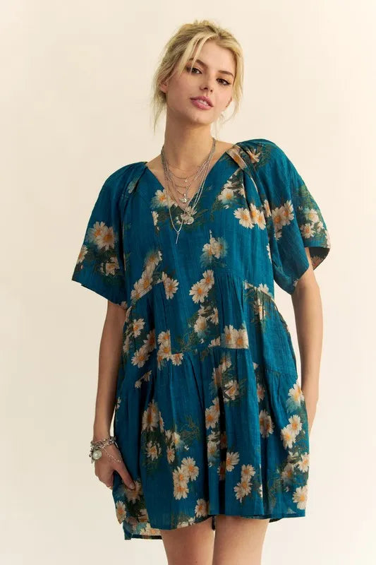 Davi & Dani Mini Dress Floral Print Teal Blue Short Bell Sleeve Pleated Pocketed 762f47f8a43f40b79c1b3d1cf5a0434a-Max-Origin Trendsi