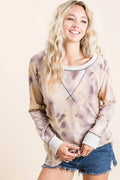 BiBi Womens Pullover Tie Dye Taupe Multi Terry With Contrast Stitching Top TAUPE MULTI 763ad7c382854fc0a1032749340bbe28-Max-Origin Trendsi