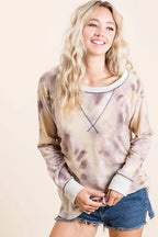 BiBi Womens Pullover Tie Dye Taupe Multi Terry With Contrast Stitching Top TAUPE MULTI 763ad7c382854fc0a1032749340bbe28-Max-Origin Trendsi