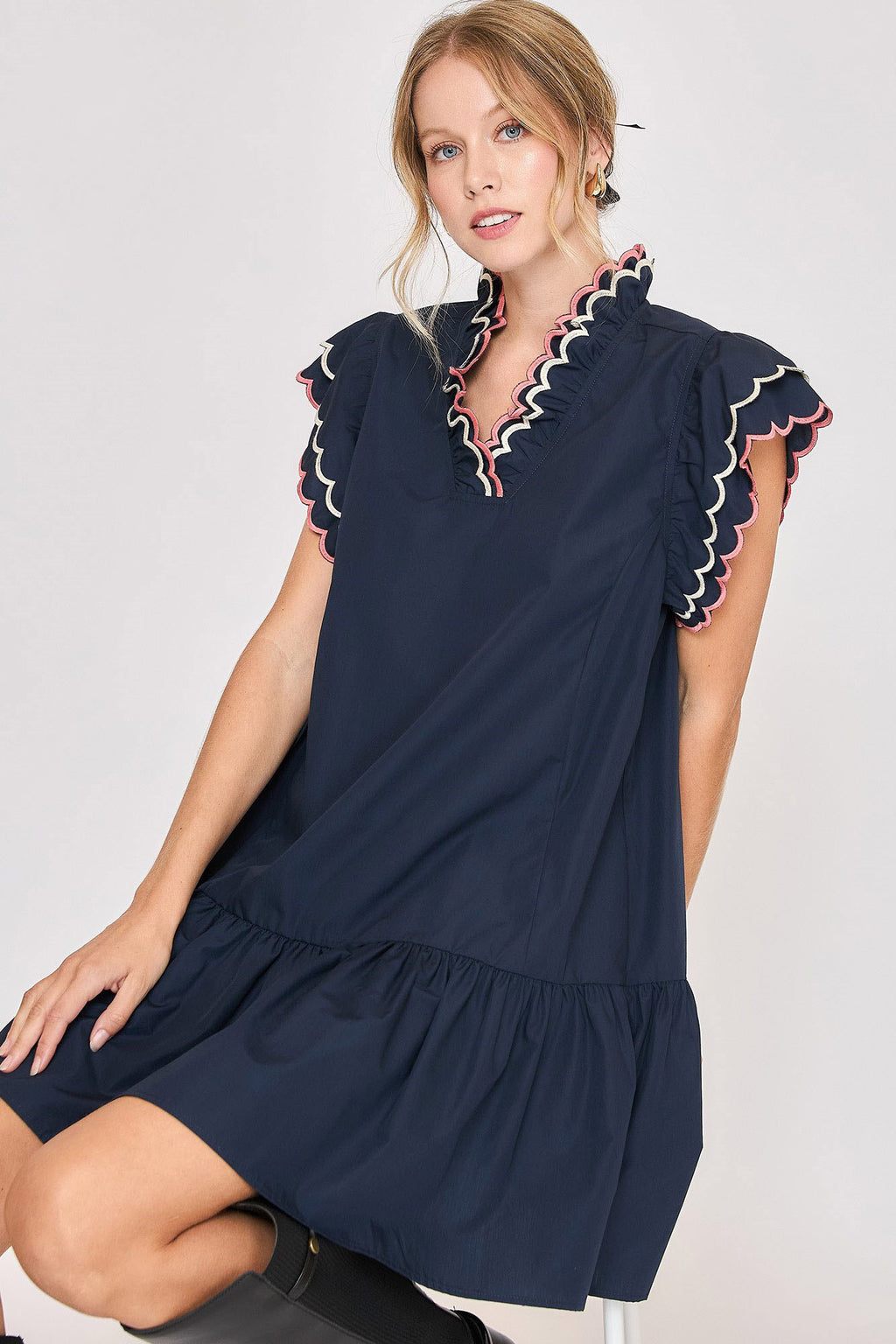 Umgee Mini Dress Ruffled Scalloped Sleeved V Neck Dark Navy Ruched Dark Navy 763d2433-489e-4609-9a74-2f66e8721b67-Max Trendsi