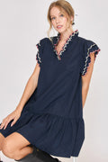 Umgee Mini Dress Ruffled Scalloped Sleeved V Neck Dark Navy Ruched Dark Navy 763d2433-489e-4609-9a74-2f66e8721b67-Max Trendsi