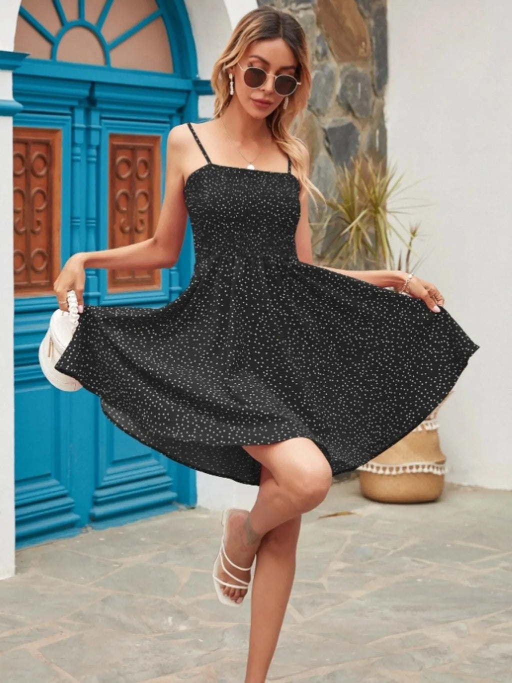 Mini Cami Dress Swiss Dot Smocked Square Neck with Thin Straps 764033d699fc40ae9db0cd53eed78bee-Max-Origin Trendsi