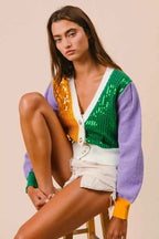BiBi Sequin Sweater Cardigan Mardi Gras Color Block Buttoned Long Sleeve 7640837854ab4c058d149fa561bcd62c-Max-Origin Trendsi