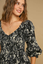 Umgee USA Dress Floral Black Smocked Ruffle V-Neck Knee Length 3/4 Sleeve 7640c1e8-60f0-424e-bfc8-b691e09ea661-Max Trendsi