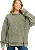 Zenana Women's Sweatshirt Acid Washed Dark Olive Double Ribbed Exposed Seam Top