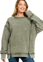 Zenana Women's Sweatshirt Acid Washed Dark Olive Double Ribbed Exposed Seam Top