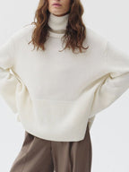 Women Sweater Side Slit Turtleneck Drop Shoulder Long Sleeve Soft Pullover Ivory One Size 76432b76-dc8d-4504-85a1-4e6a099a97dd-Max Trendsi