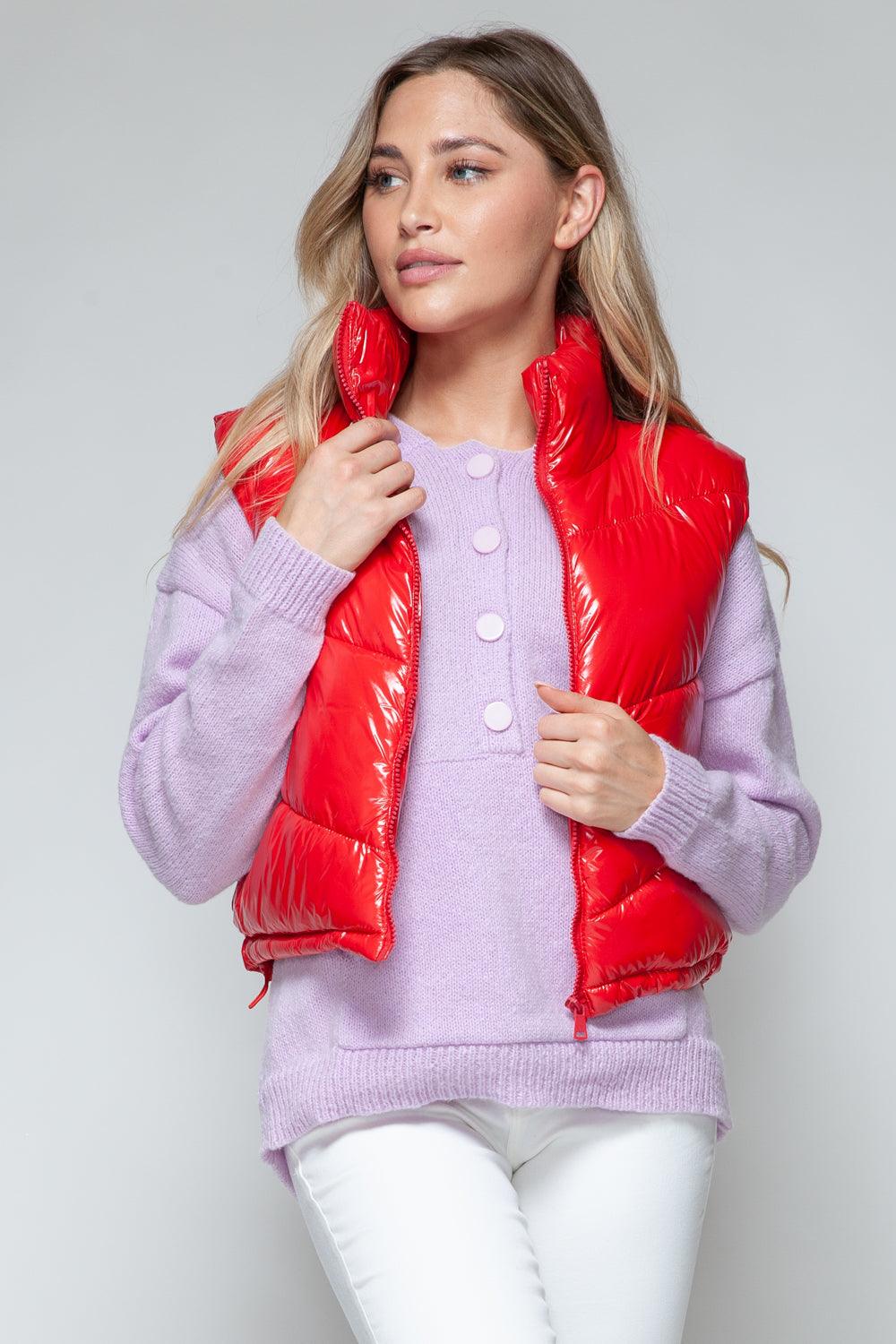 Shiny Quilted Red Vest Snobbish Zip Up Turtleneck Sleeveless 76452efb-1eaa-40b0-8b46-2a465e829b42-Max Trendsi