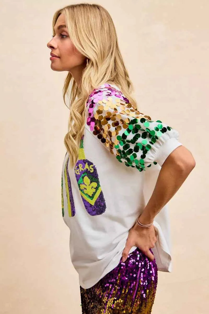 BiBi Sequin Mardi Gras Bottles Spangled Sleeve Top