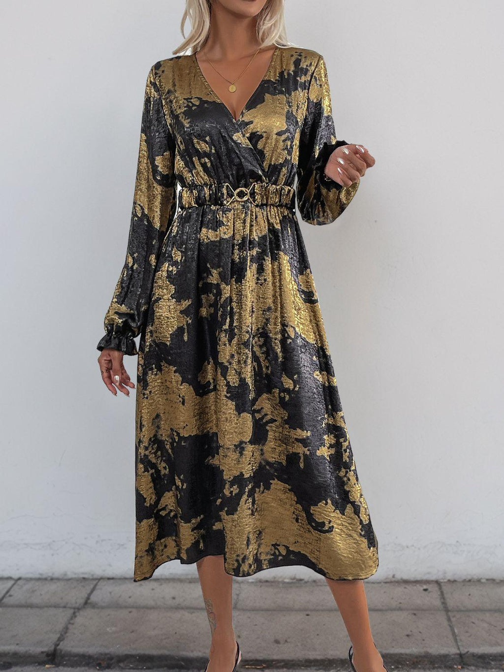 Perfee Midi Dress Gold Printed Surplice Long Sleeve V Neck Elastic Belt Black 7652179f-db35-424a-9e50-56e3a0037dd8-Max Trendsi