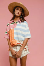 BiBi Women Shirt Mix And Match Stripe Color Block Short Sleeve Top 7652a8711082480f9321ef3a3e9fe793-Max-Origin Trendsi