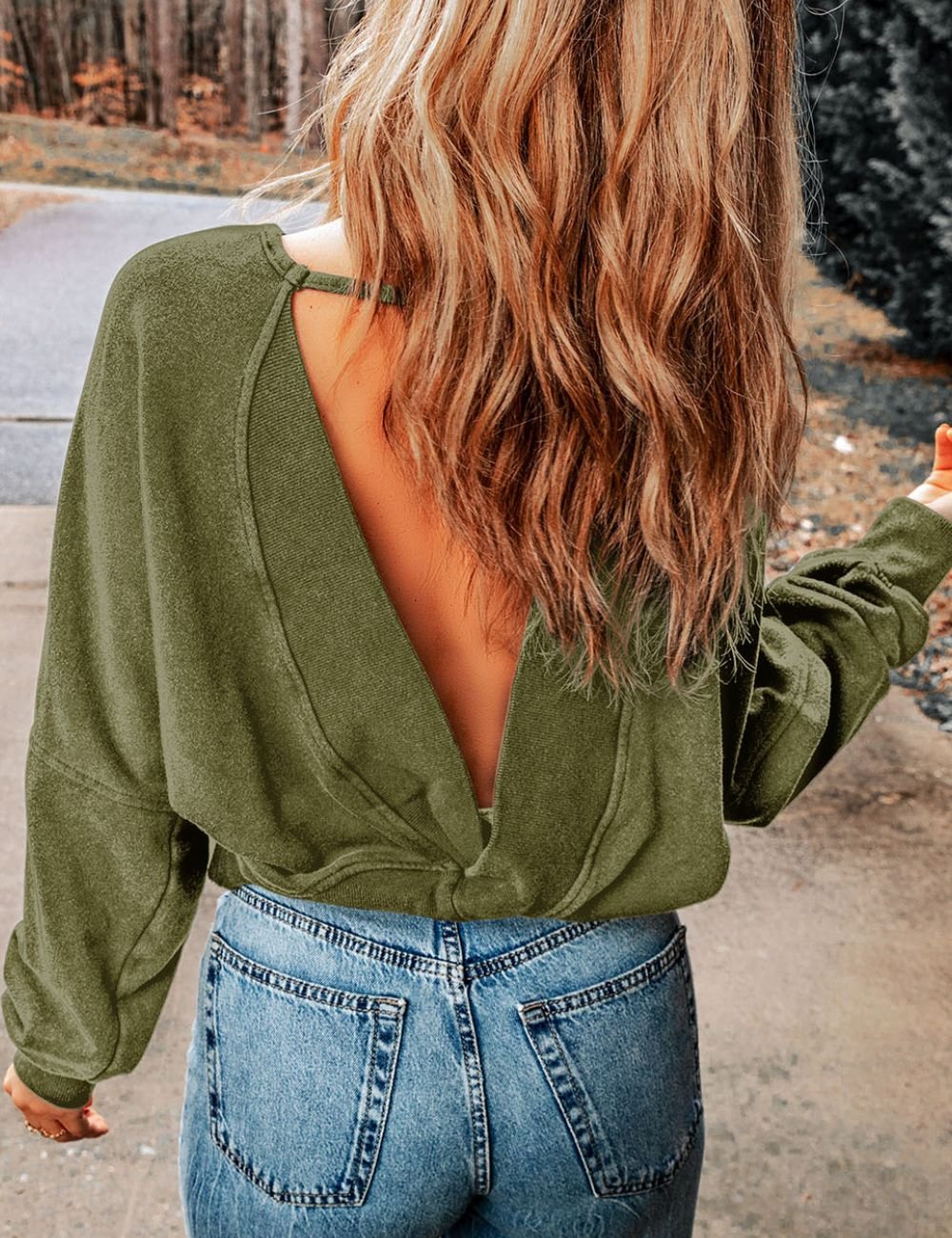 Women Cutout Backless Sweatshirt Round Neck Long Sleeve Cotton Blend