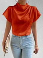 Satin Blouse Mock Neck Pleated Short Sleeve Basic Style Top 76540d01-7367-44bc-bafd-155c9e14c3fd-Max-Origin Trendsi