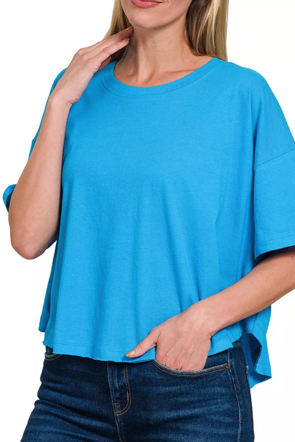 Zenana Womens T-Shirt Cotton Deep Sky Round Neck Short Sleeve Top 7655e801-5210-4670-80c0-b24a4579f984-Max-Origin Trendsi