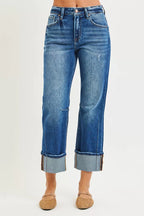 RISEN Womens Straight Jeans Cuffed High Rise Denim with Distressed Hem 7658ea0c0ee44a15af0929c0b39c4b37-Max-Origin Trendsi