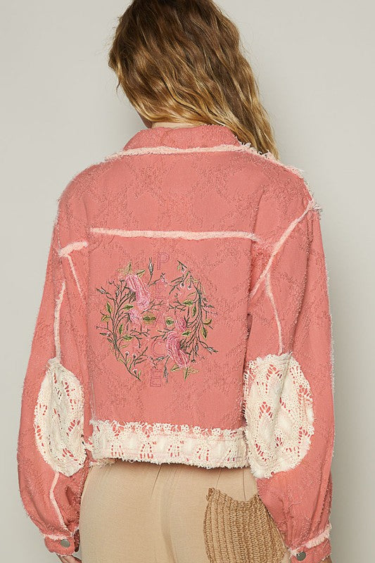 POL Jacket Pink Crochet Patch Floral Embroidered Button Up Long Sleeve Coat