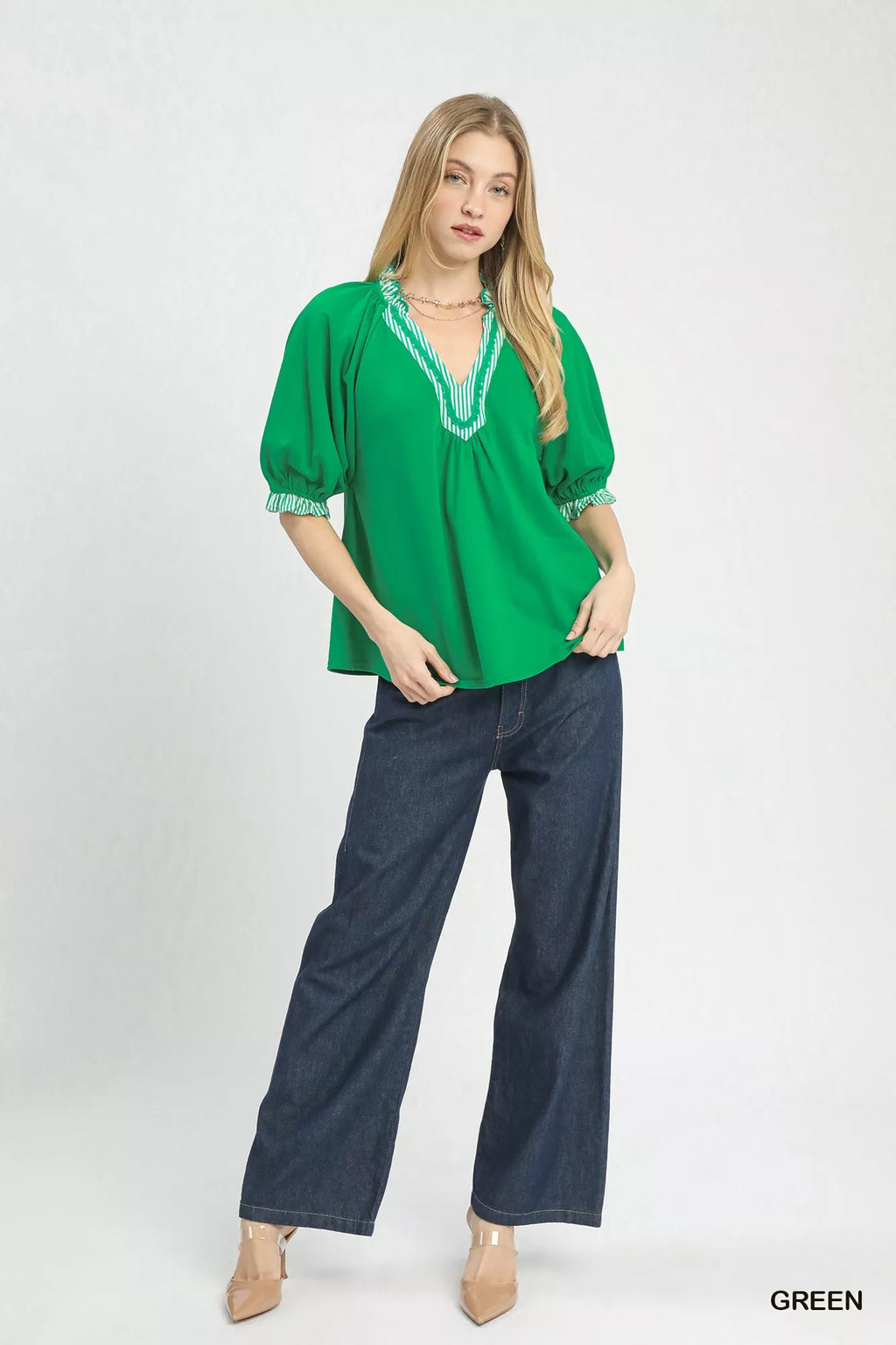 Umgee Blouse Green French Terry Collared Top Short Puff Sleeve 76603277-fc79-45e5-8944-4d4fecbe1512-Max-Origin Trendsi