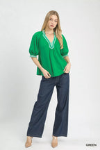 Umgee Blouse Green French Terry Collared Top Short Puff Sleeve 76603277-fc79-45e5-8944-4d4fecbe1512-Max-Origin Trendsi