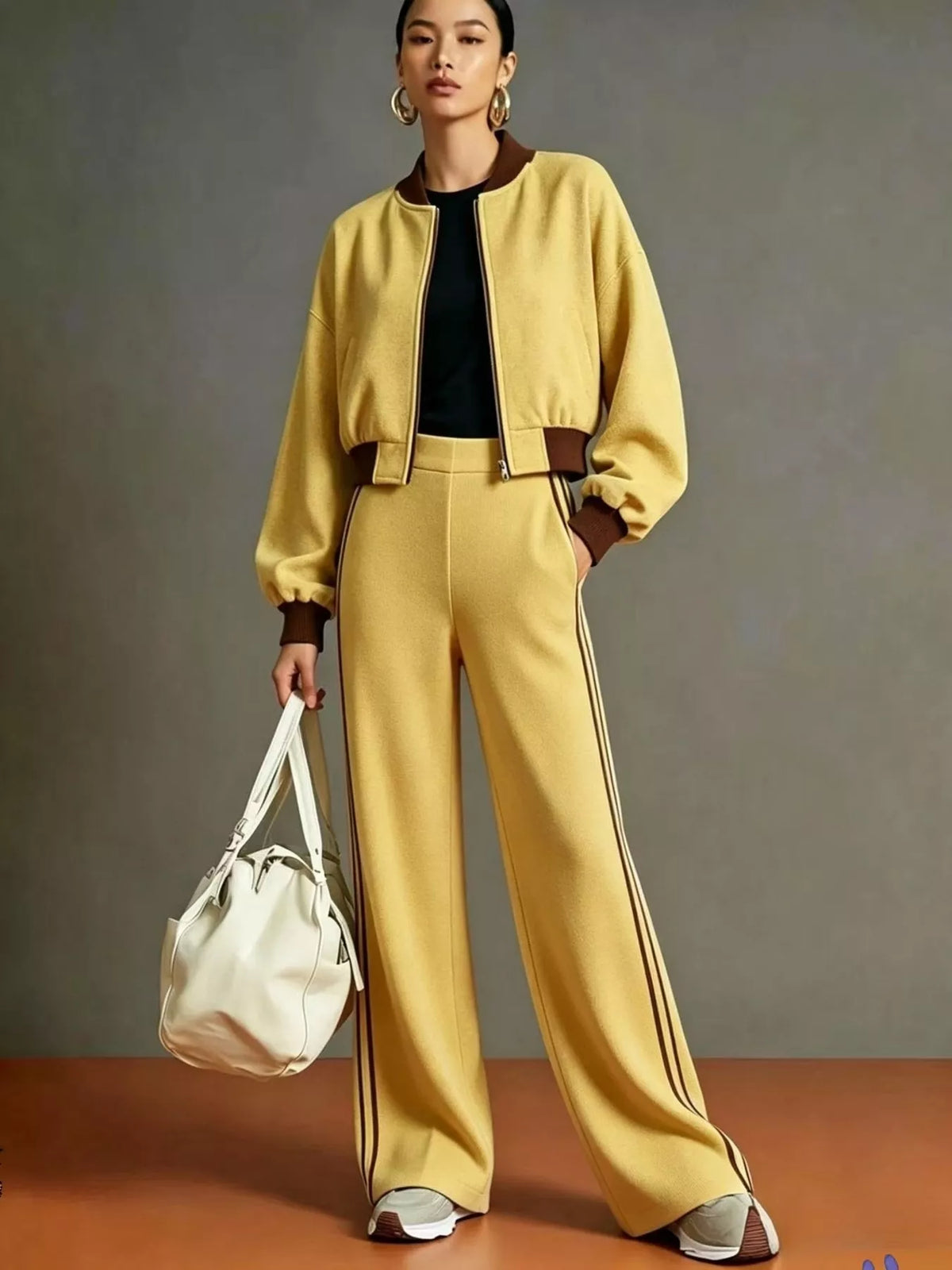Conjunto de dos piezas bomber en amarillo mostaza con acentos ribeteados marrones