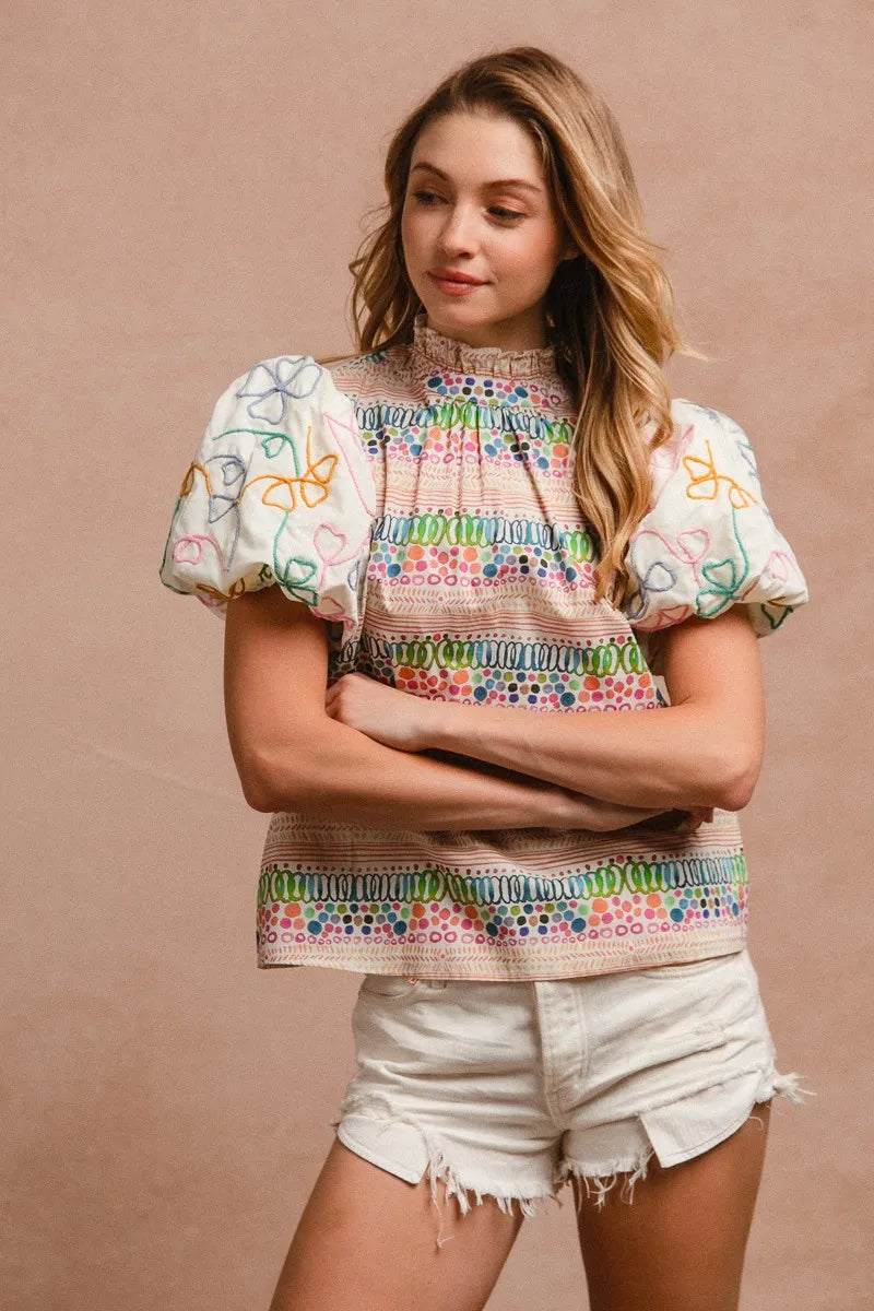 BiBi Blouse Multicolor Ruffle Neckline With Embroidery Bubble Short Sleeve Top 7671fc3943e24cb3af779c682f435099-Max-Origin Trendsi