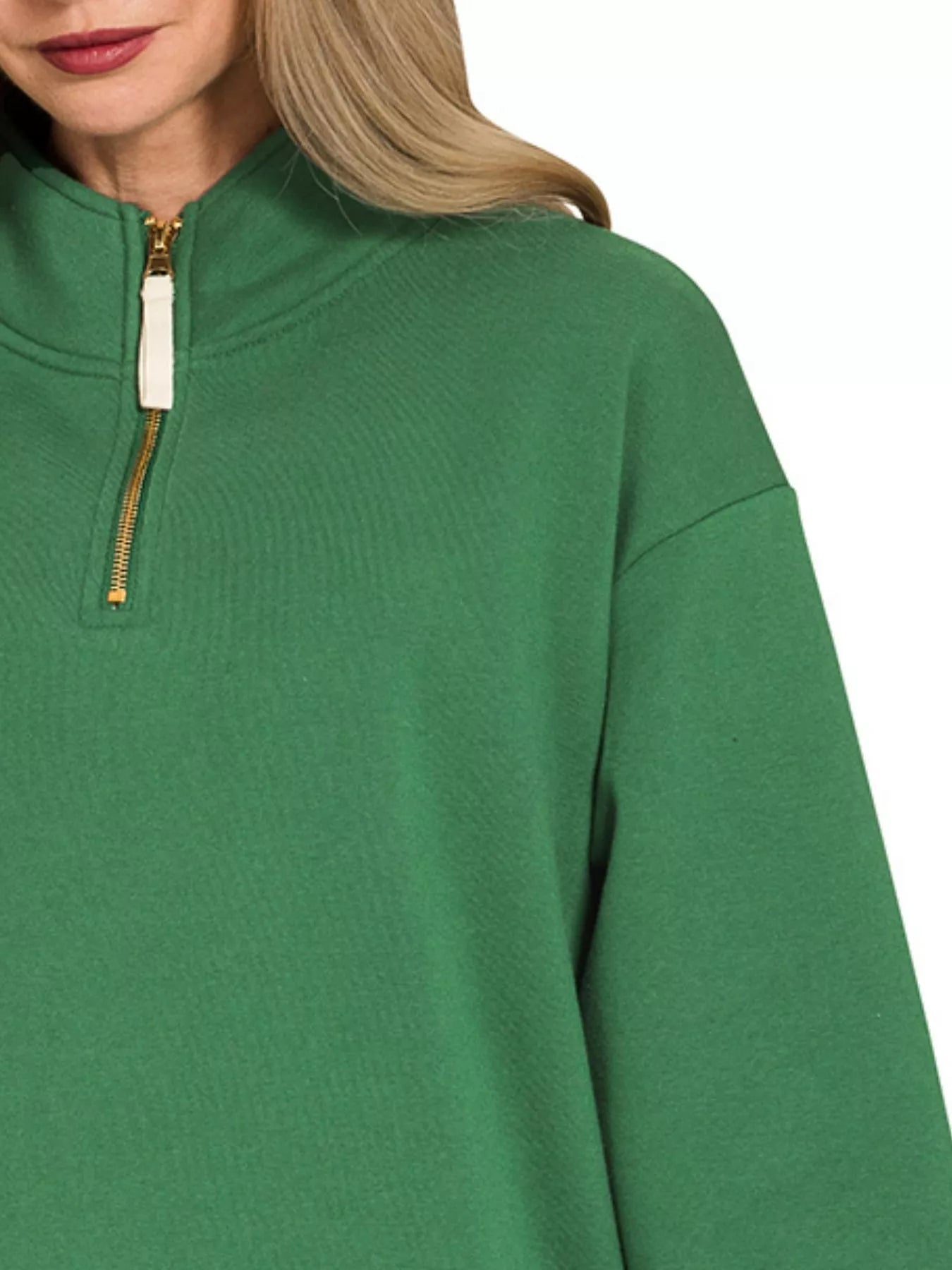 Zenana Fleece Women's Sweatshirt Half Zip Collar Dark Green Comfort Top 767603dd-d758-4459-a989-0dbbd66a18e4-Max-Origin Trendsi