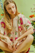 Umgee Blouse Cream Multi Abstract Print Top with Ruched Detail 76763930-5681-44b7-a110-d346ed6a603e-Max-Origin Trendsi