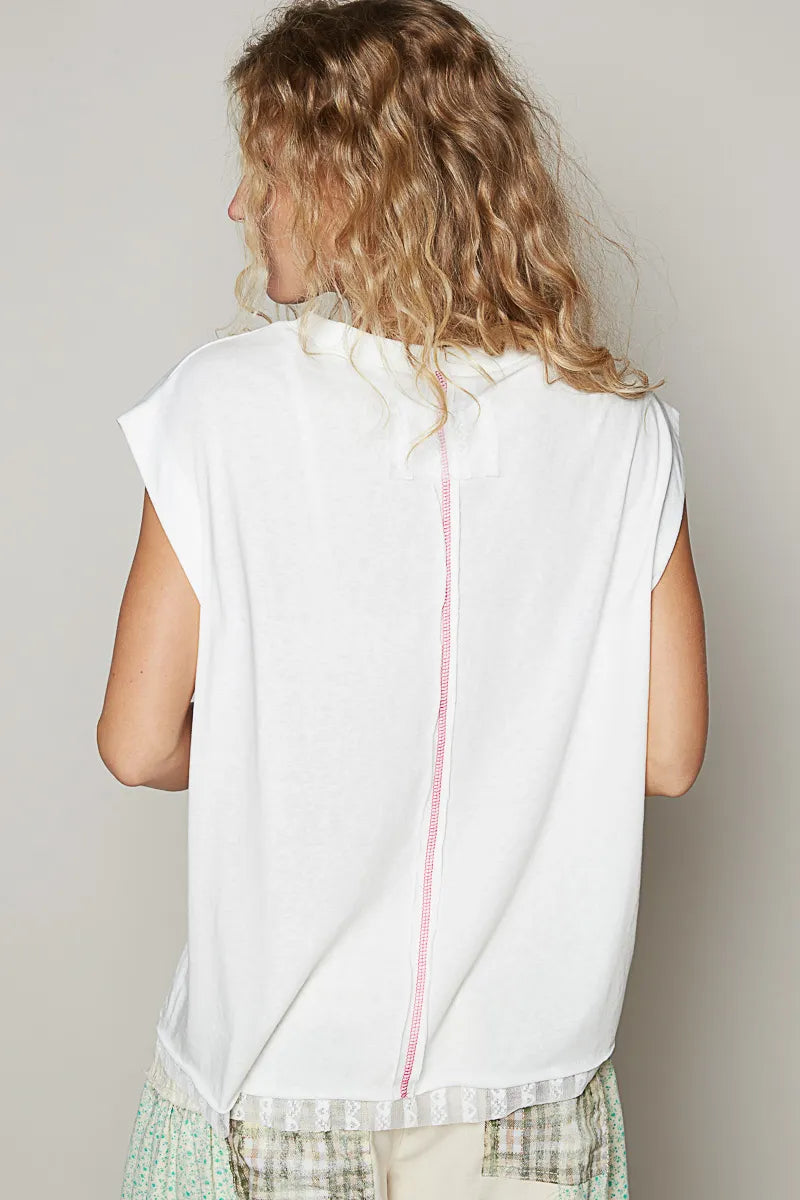 POL T-Shirt White Star Patch Studded Sleeveless with Lace Hem Top