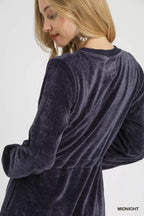Umgee Mini Dress Velour Midnight Drawstring with Long Sleeves 767cba6d-bbe4-4d93-9601-980bc178a20a-Max-Origin Trendsi