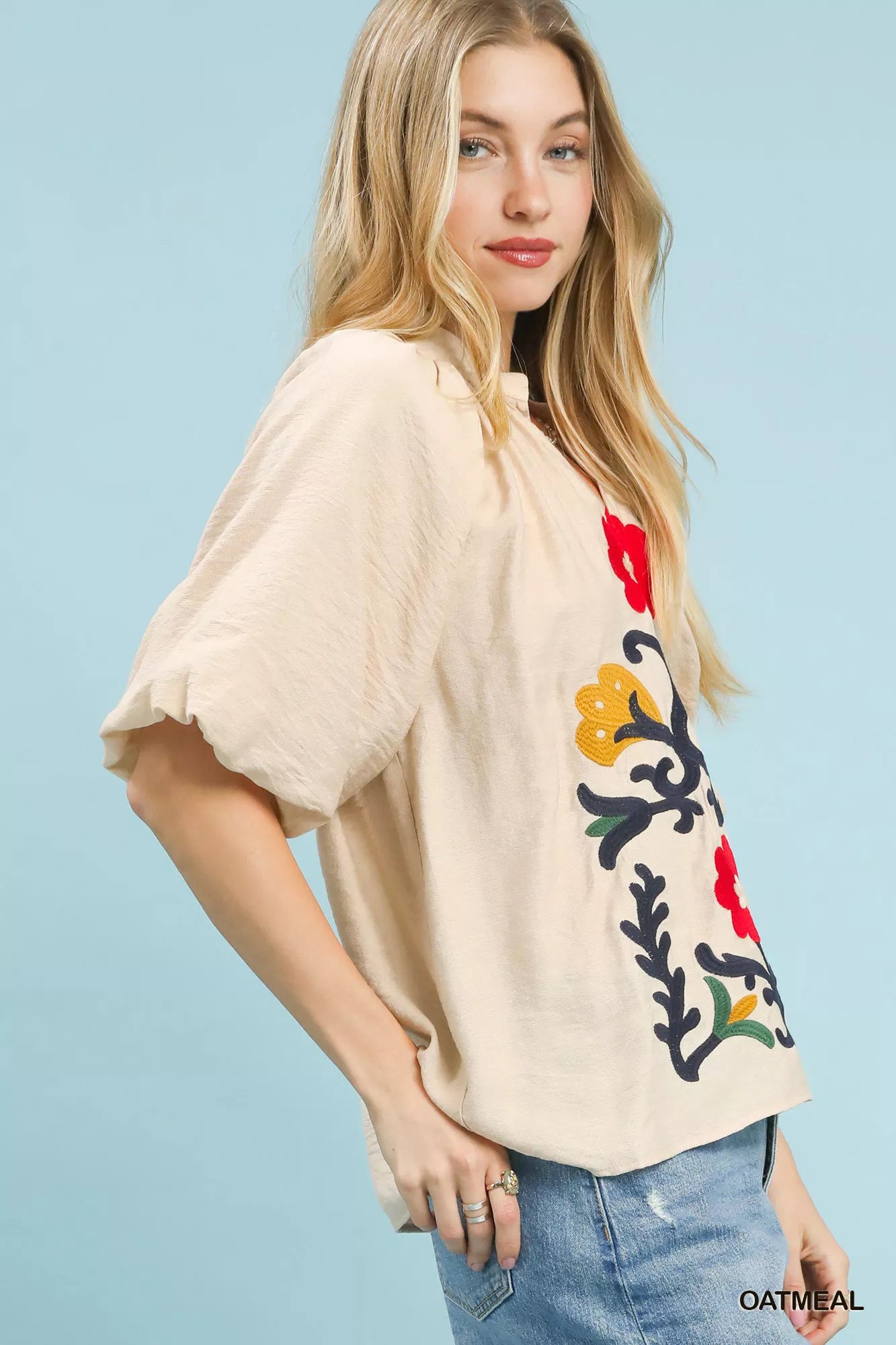 Umgee Blouse Beige Embroidered Boho Puff Short Sleeve Top 767d9ae5-3ec1-4643-bb19-b8ba5e4d2ed1-Max-Origin Trendsi