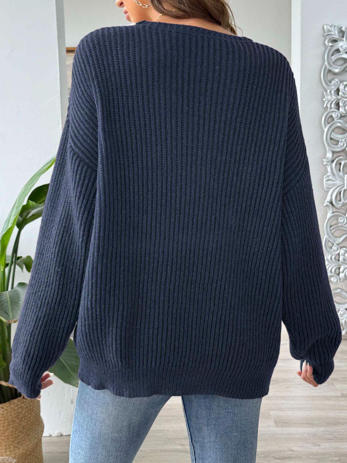 Sweater V Neck Contrast Dropped Shoulder Long Sleeve Knitwear 768842f3-a173-4d6f-8d95-4b7a7998d60d-Max Trendsi