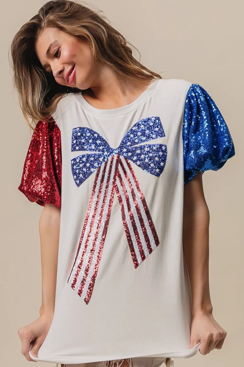 BiBi Cotton T-shirt Sequin American Flag Bow Top Short Puff Sleeve 76901b22a84543d8bcbaeea278e47d2d-Max-Origin Trendsi