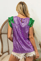 BiBi Womens Blouse Mardi Gras Sequin Color Block Ruffled Top Short Sleeve 76918a217261415d8342b4431ec04ef0-Max-Origin Trendsi