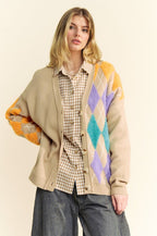 Davi & Dani Argyle Cardigan V-Neck Single Breasted Long Sleeve Sweater 7692f8a6-6120-4470-8a3a-cd120ae480da-Max Trendsi