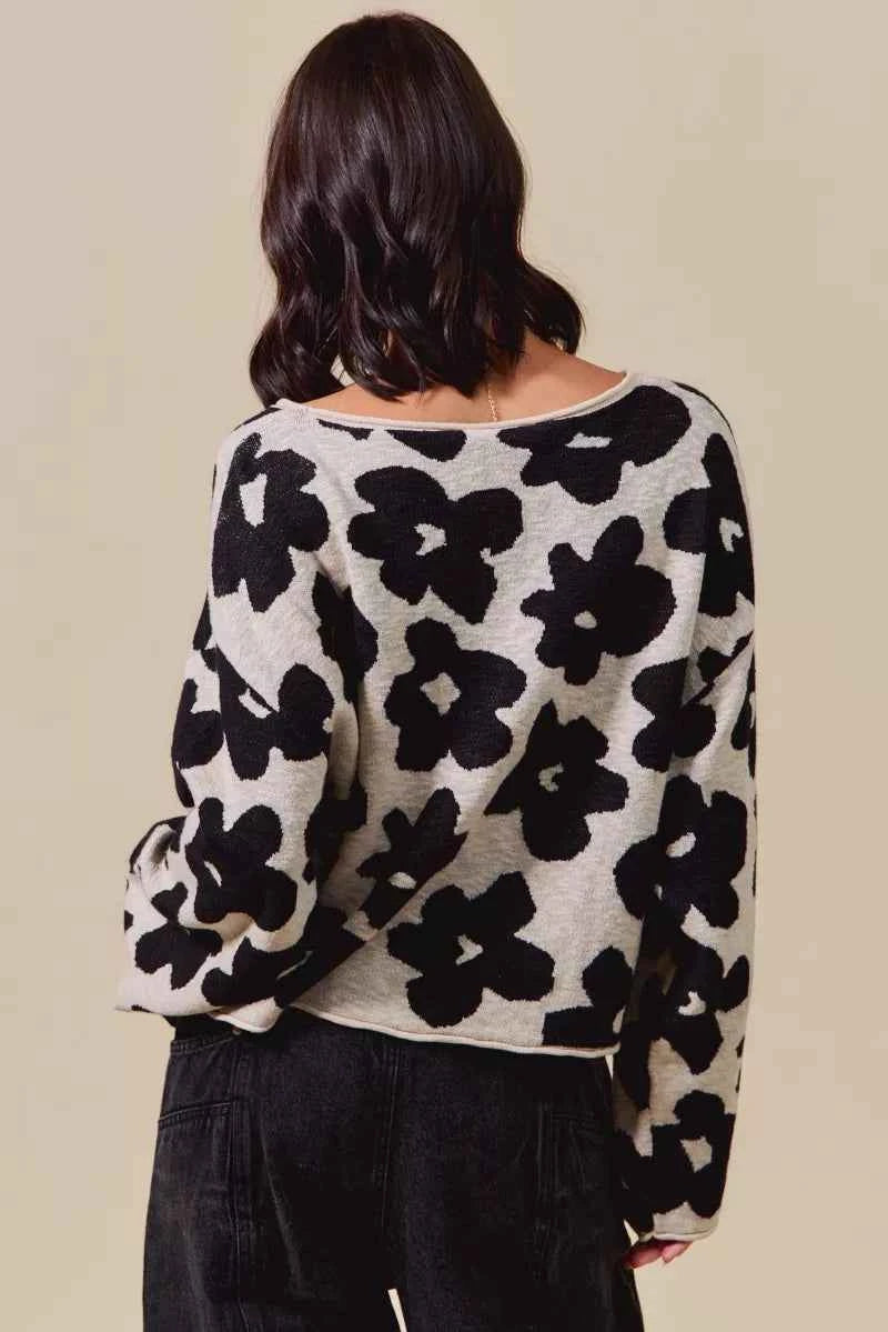 SO ME Women Sweater Floral Black Loose Fit Flower Lightweight Knit Top 76a8164860bc402185886279afd57038-Max-Origin Trendsi
